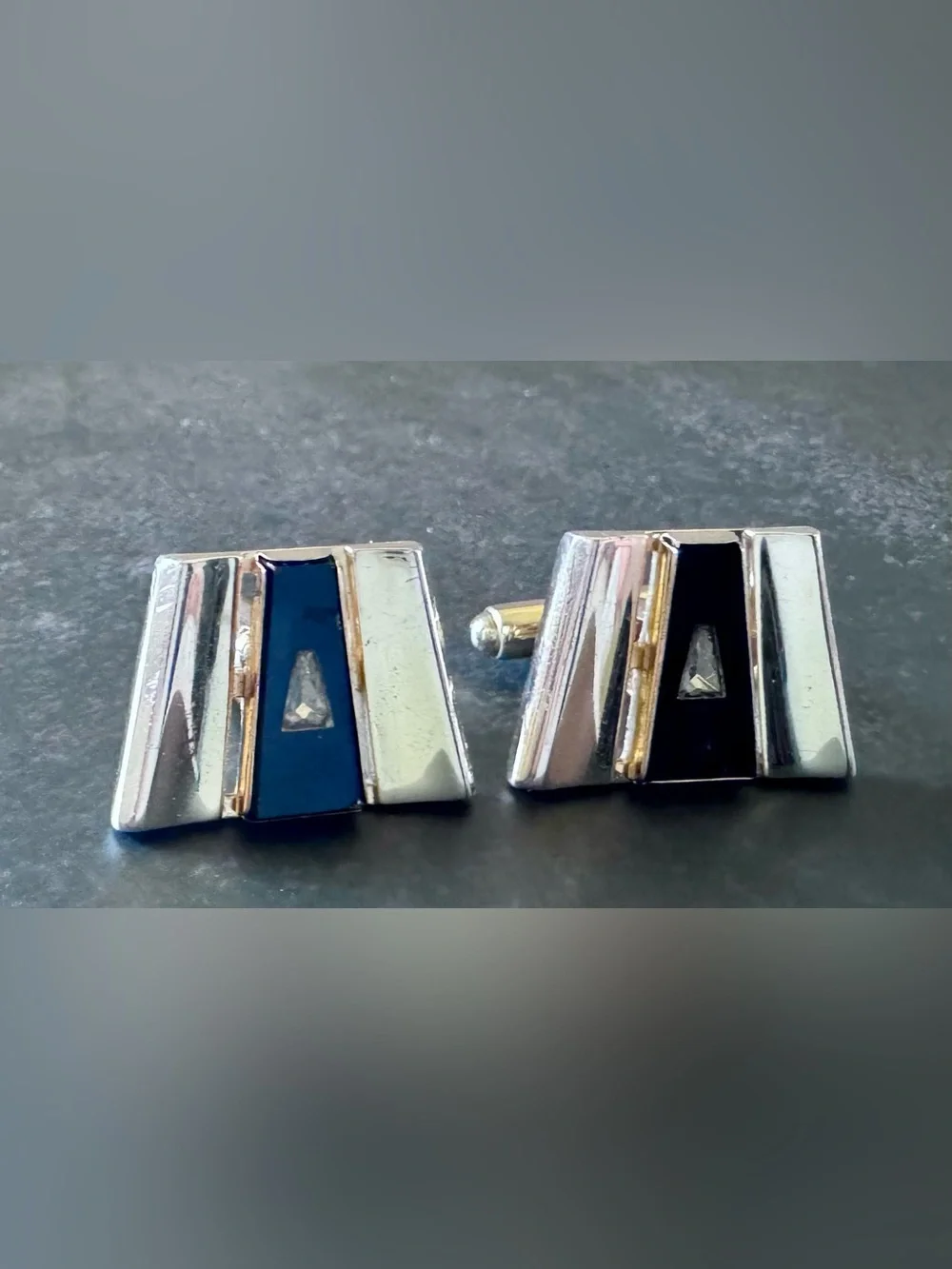 Vintage Anson Cufflinks Tie Clip Bar Set MCM Gold Tone Black Onyx Rhinestone USA